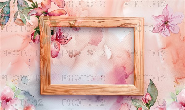 A gold frame with pink flowers on the wall. Abstract background with frame and space for text AI