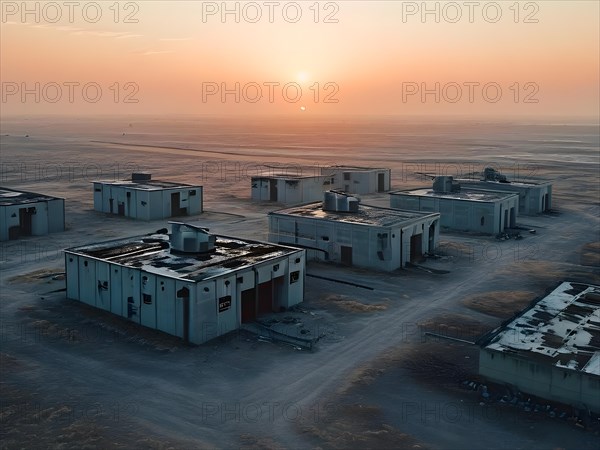 Aerial view of deserted military base featuring empty barracks and abandoned tanks in silent, AI