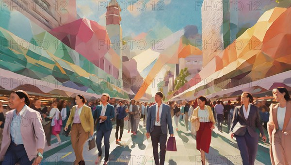 Artistic urban setting filled with pedestrians and colorful, geometrically abstracted buildings,