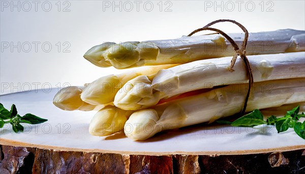 White asparagus served on a rustic wooden stump, simple natural appearance, fresh white asparagus,