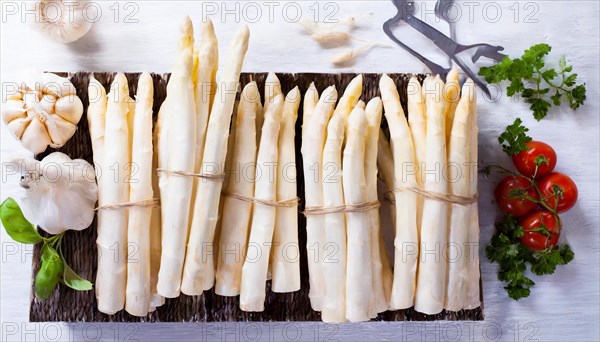 Neatly arranged bundles of asparagus on a board with garlic and tomatoes, AI generated, AI