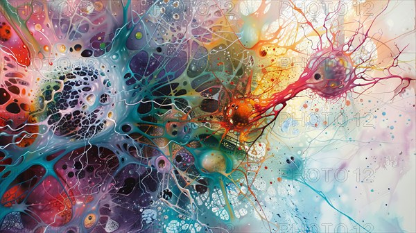 Abstract fluid art with vibrant, organic cell-like shapes in a multitude of colors, ai generated,