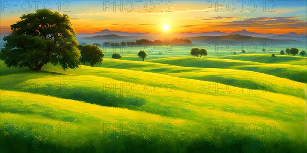 AI generated abstract painting of grasslands under a blazing sunset waves of greens