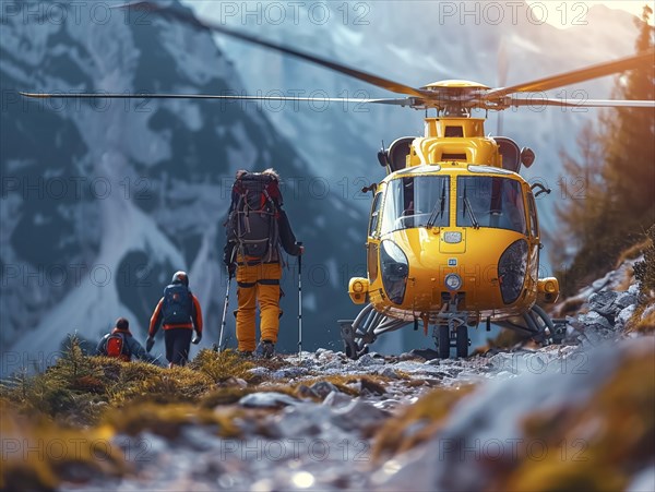 Wanderer naehern sich einem Hubschrauber in einer verschneiten Berglandschaft, Rettungshubschrauber