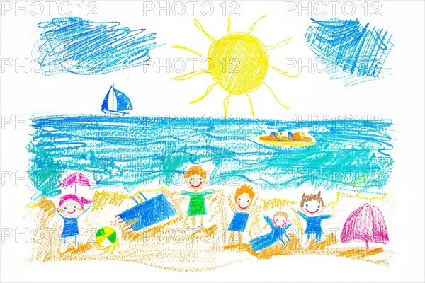 Beach scene bathing holiday by the sea, drawing with coloured pencils by a child of preschool age,
