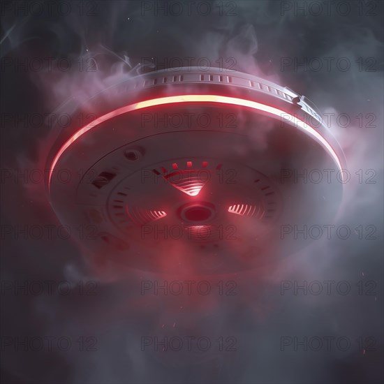 Red warning light from activated smoke detector lights up in the midst of billows of smoke, AI