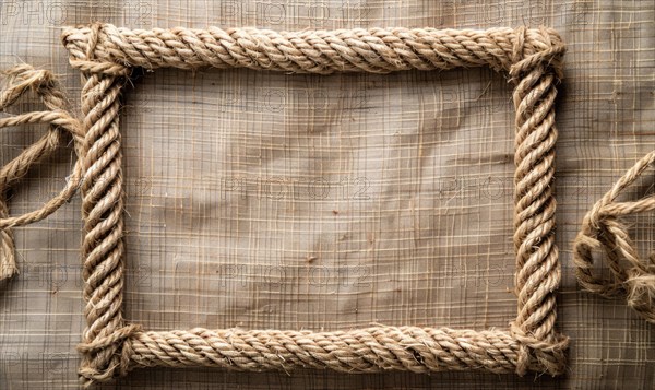 Delicate jute frame on minimalistic natural material, space for text, ecology nature background AI