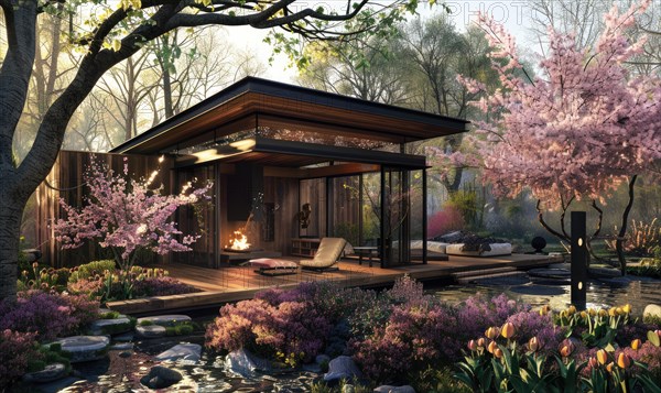 A modern wooden cabin with a cozy fireplace, surrounded by vibrant spring blossoms and lush