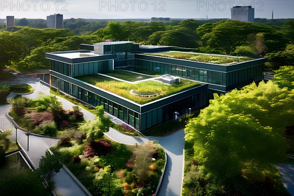 Aerial view of a modern hospitals green roof designed as a therapeutic garden, AI generated,