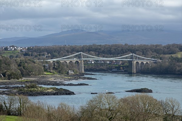 Menai Suspension Bridge, Menai Strait, LLanfair Pwllgwyngyll, Isle of Anglesey, Wales, United