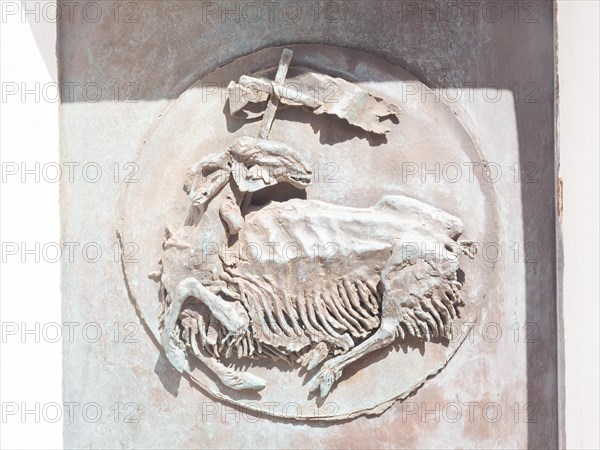 Sculpture with religious motif, Stella Maris church, Porto Cervo, Costa Smeralda, Sardinia, Italy,