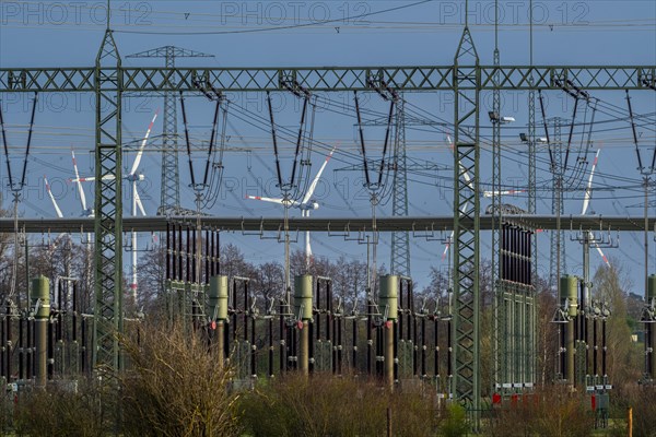 Stendal West substation with wind turbines in the background near Luederitz, Stendal,