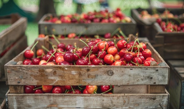 Ripe cherries displayed in a vintage fruit crate at a country fair AI generated