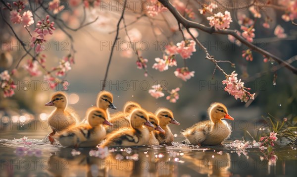 A group of fluffy ducklings waddling near a pond surrounded by blooming cherry trees. Spring nature