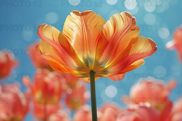 Translucent orange and yellow tulip illuminated by sunlight with a bokeh effect background, AI