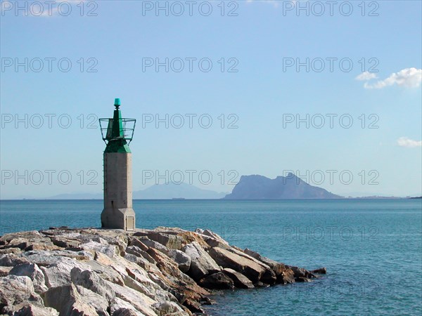 Lighthouse with View over Gibraltar and African Coast in Morocco in Mediterranean Sea in a Sunny