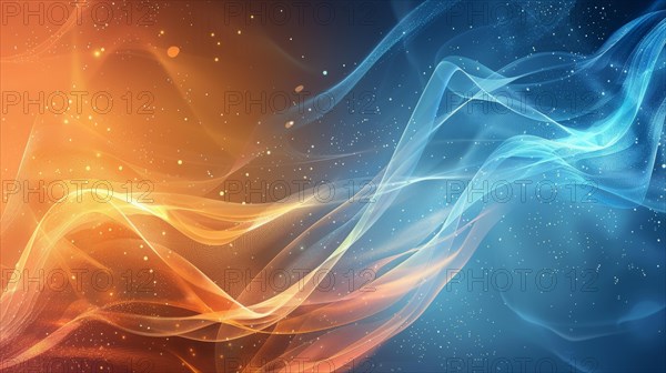Abstract digital art of flowing blue and orange lines with luminous particles against a dark