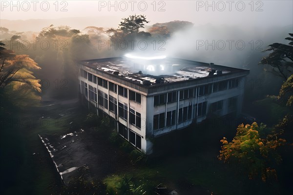 Neglected hospital section with collapsed roof elements, AI generated, hospital, damage, abandoned,