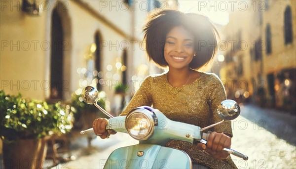 Smiling woman riding a retro scooter during the golden hour on a picturesque italian street, blurry