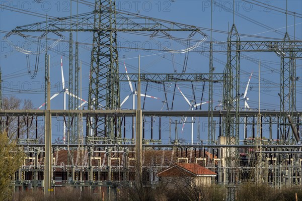Stendal West substation with wind turbines in the background near Luederitz, Stendal,