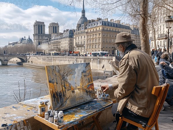 Strassenkuenstler bei der Arbeit an einem Gemaelde der Notre-Dame in Paris, Lifestyle in Paris,