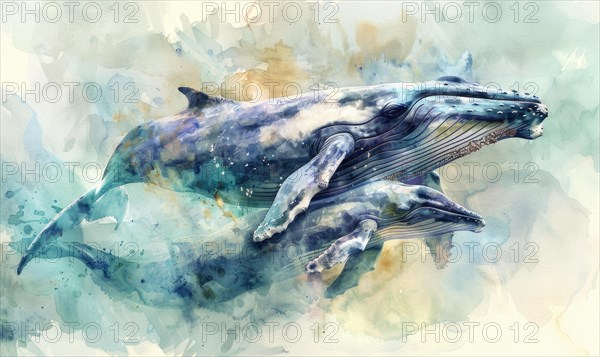 Watercolor illustration of mother whale with her calf in ocean AI generated