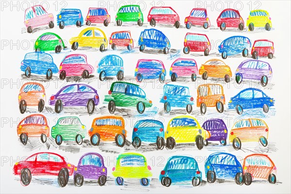 Cars standing in a traffic jam, drawing with coloured pencils by a child of preschool age, primary