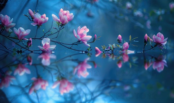 Magnolia blossoms reflected in the still waters of a tranquil pond. Magnolia blossoms touch water