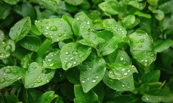 Raindrops on fresh green leaves, close up view of spring green leaves, nature background AI