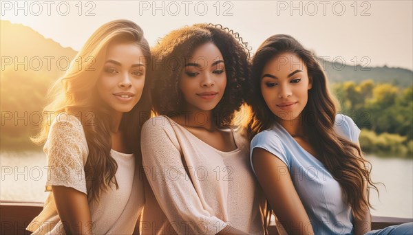 Three women friends in summer attire relaxing at a waterfront during sunset, exuding tranquility,