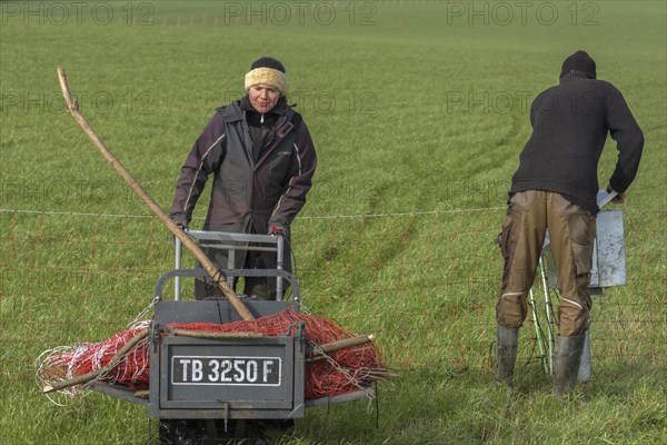 Shepherd and his daughter fence a new pasture with a solar panel for the electric fence,