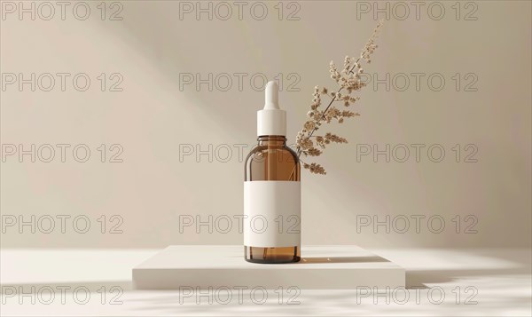 Studio shot of a minimalist glass bottle mockup containing a high-quality natural skincare serum AI