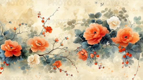 A vintage-style floral watercolor painting featuring red flowers on a pastel background, ai