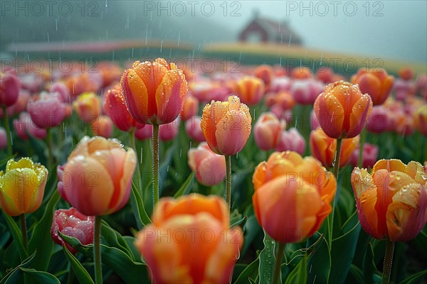 Moody image of orange tulips with raindrops in the foreground and a foggy farm house background, AI