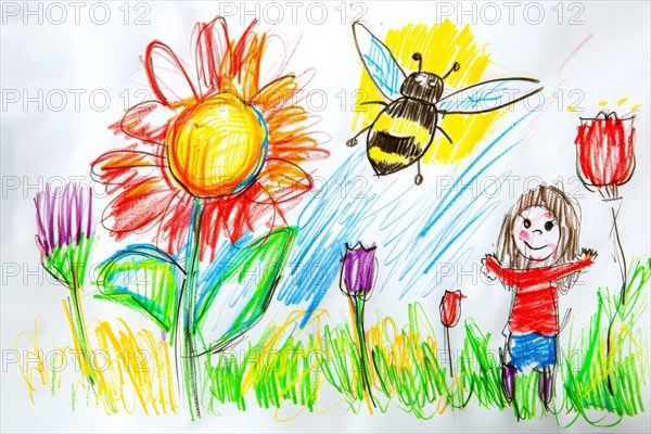 Flower meadow with bees, drawing with coloured pencils by a child of preschool age, primary school