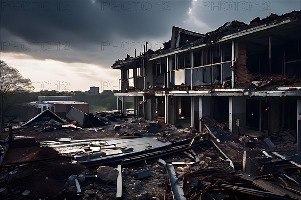 Neglected hospital section with collapsed roof elements, AI generated, hospital, damage, abandoned,