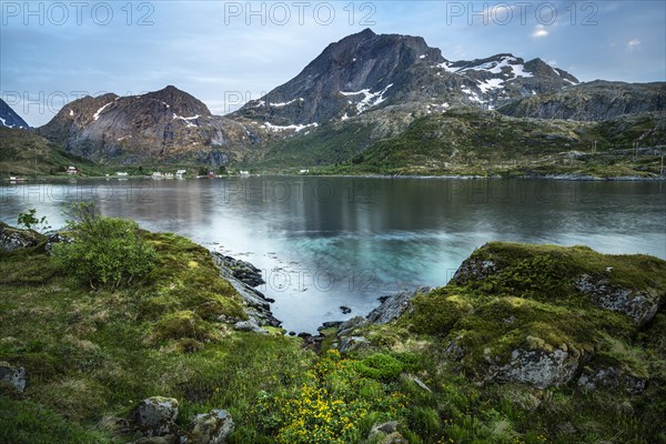 Landscape on the Lofoten Islands. View of the sea, Kakersundet, and the mountain Narvtinden on