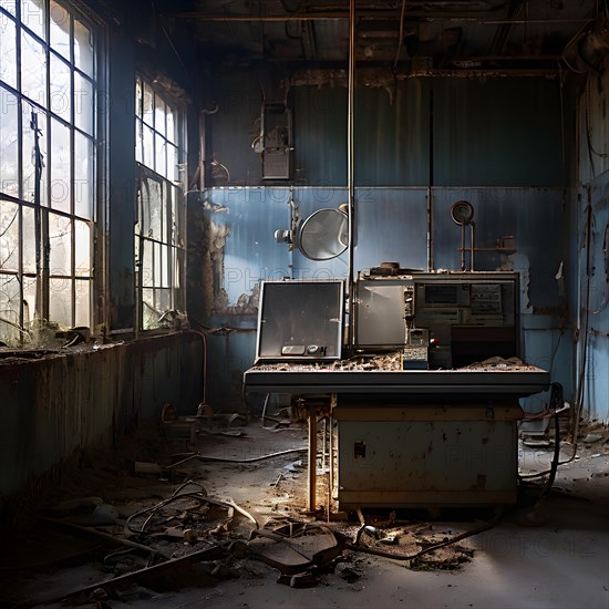 Abandoned x ray room in abandoned hospital, AI generated, hospital, damage, abandoned, ruin,