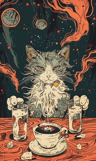 A cat is sitting at a table with two cups of coffee and a sugar cube. The cat appears to be angry