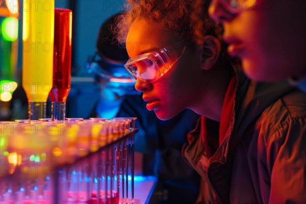 Pupils experimenting in a classroom with safety goggles, chemistry lessons, AI generated, AI