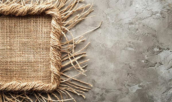 Delicate jute frame on minimalistic natural material, space for text, ecology nature background AI