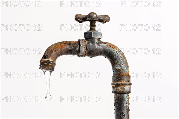 Drop of water coming out of old rusty water tap on white background. KI generiert, generiert, AI