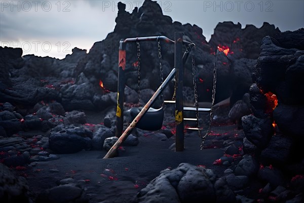 Lava destroying the remnants of a playground swings and slides emerging from hardened lava, AI