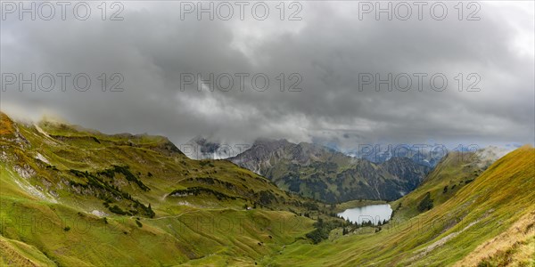 Panorama from Zeigersattel to Seealpsee, on the left behind the Hoefats 2259m, Allgaeu Alps,