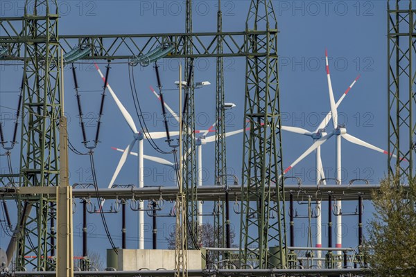 Stendal West substation with wind turbines in the background near Luederitz, Stendal,