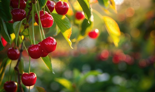 Ripe cherries dangling temptingly from the branches of a cherry tree in a vibrant garden AI