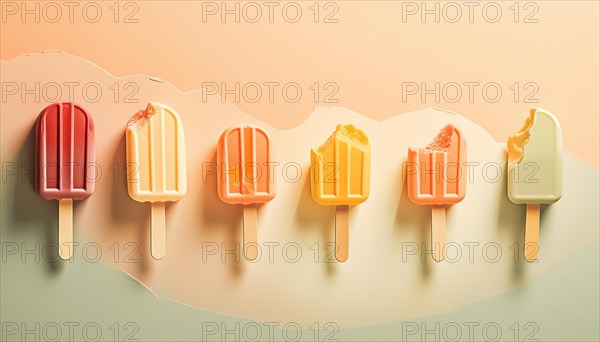 Cracked and melting pastel popsicles against a dual-tone pink and orange background, horizontal, AI