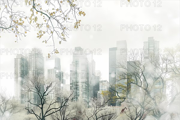 Urban landscape with city buildings disintegrating into autumn trees and fog, illustration, AI