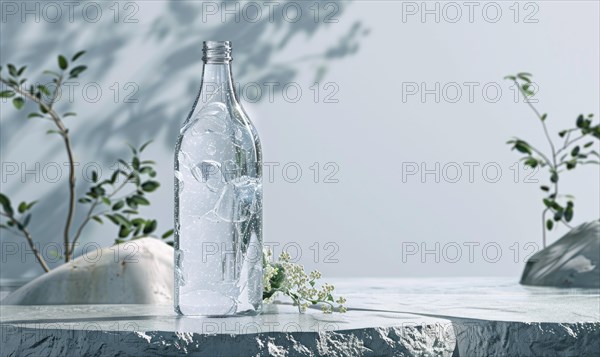 Crystal clear glass bottle mockup showcasing a premium quality mineral water sourced from natural