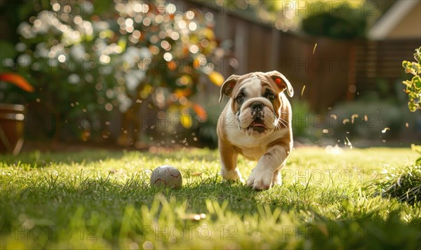 Playful bulldog puppy chasing a ball in a backyard garden AI generated